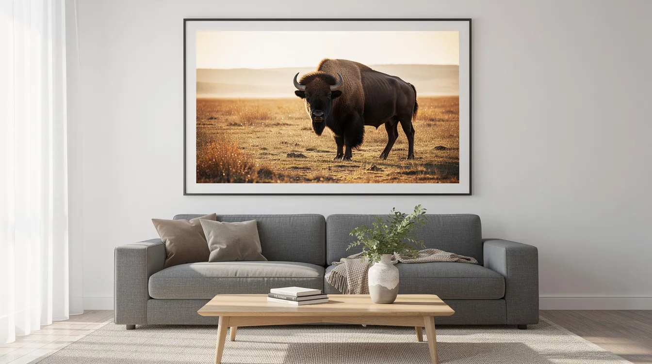 A modern living room features a large framed photograph of a bison bathed in golden morning light, prominently displayed above a sleek grey sofa, creating an inviting atmosphere. This stunning piece of wall decor exemplifies exceptional quality and rich color, perfect for showcasing memories and adding character to the space.