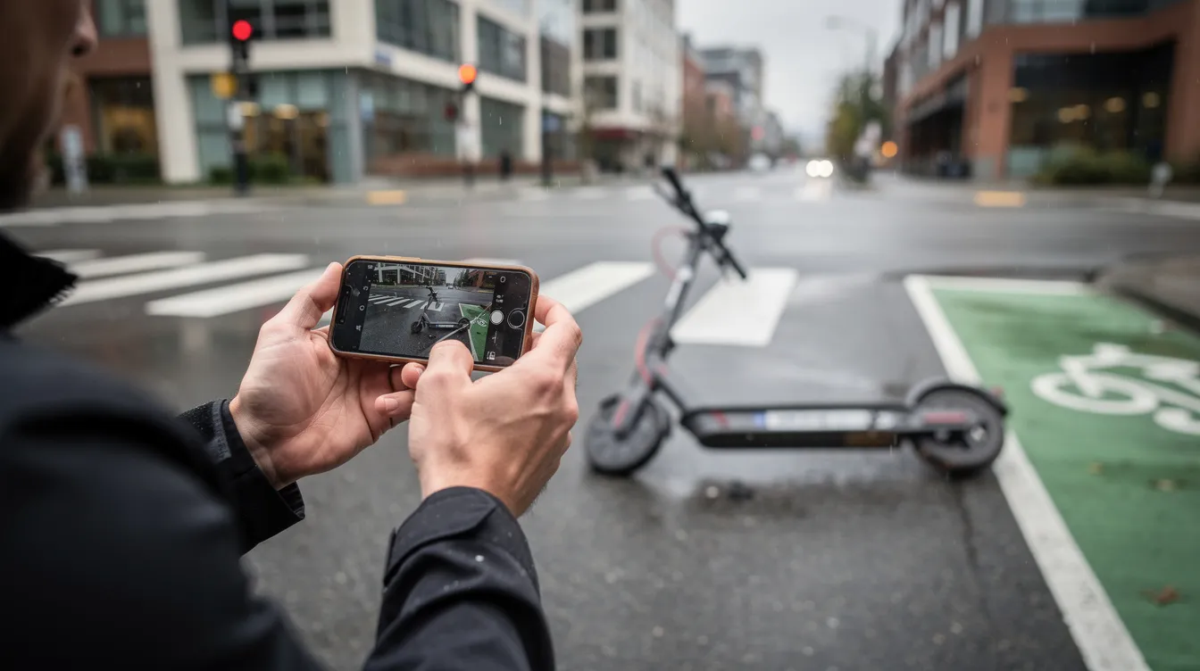 A close-up view captures a person's hands holding a smartphone as they document a scooter accident in urban Seattle, focusing on a fallen electric scooter on a wet street near a crosswalk and bike lane. The scene emphasizes evidence collection in a calm, photorealistic style, with blurred city elements in the background, highlighting the importance of documenting scooter accidents for potential personal injury claims.