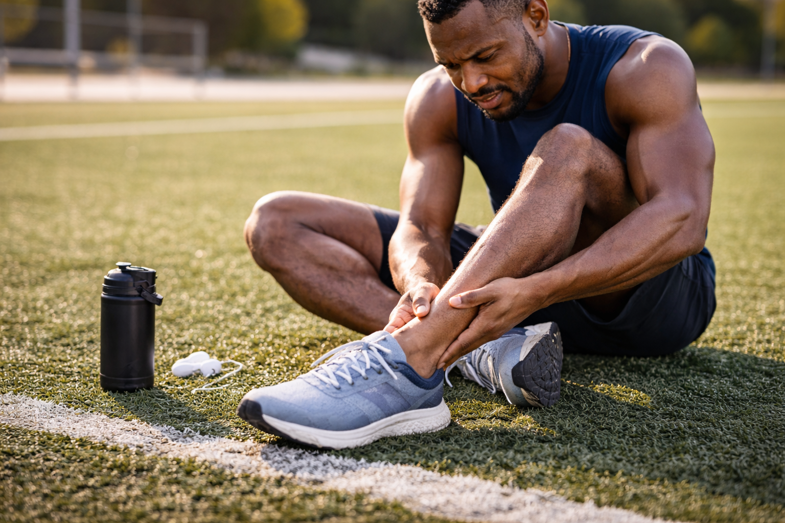 Athlete holding outer ankle pain after sports activity related to tendon strain