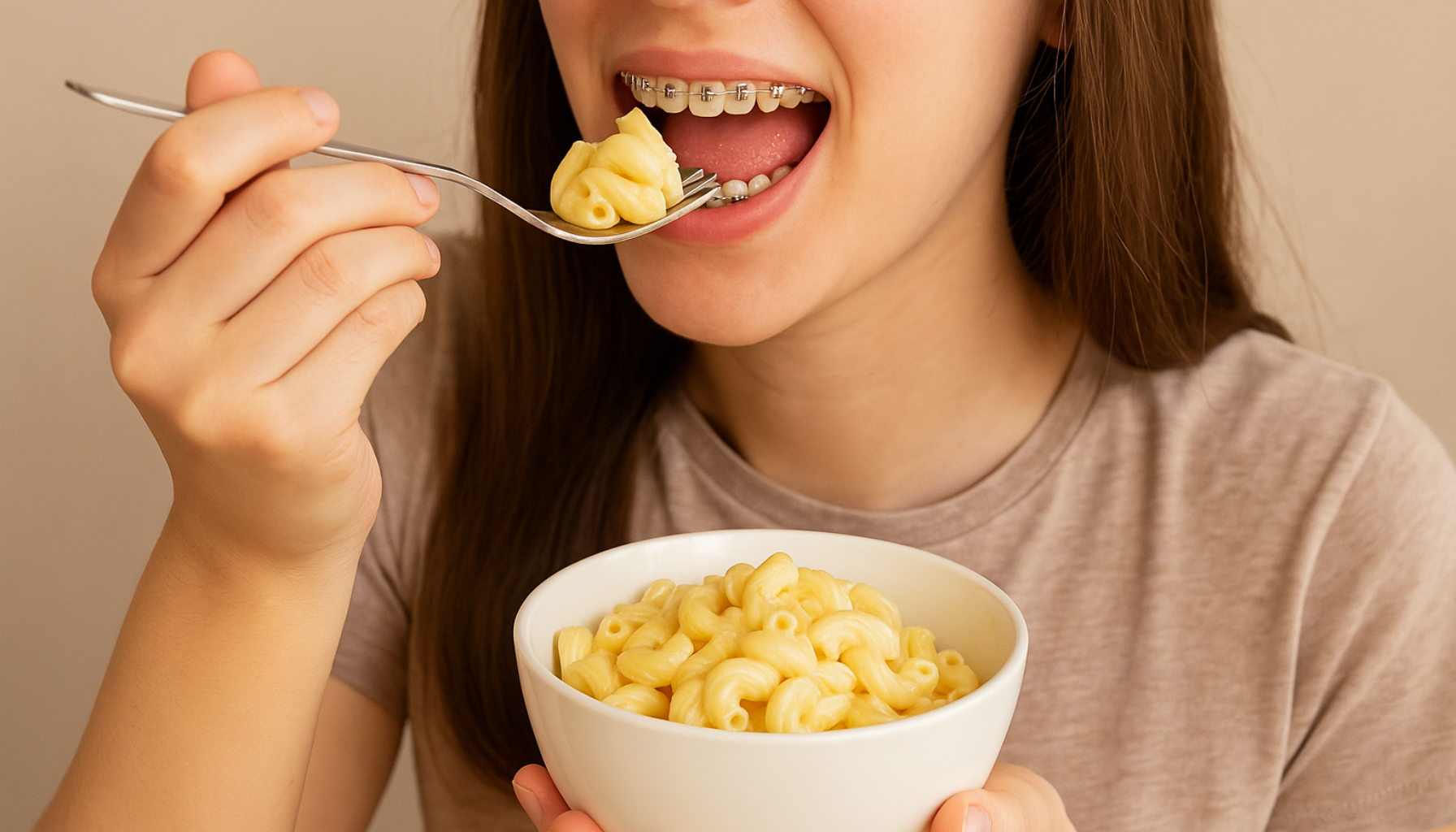 Myk mat ved tannregulering – Beste valg for mindre ubehag 19 Ung kvinne med regulering spiser myk makaroni, et godt valg for mindre ubehag under tannregulering.