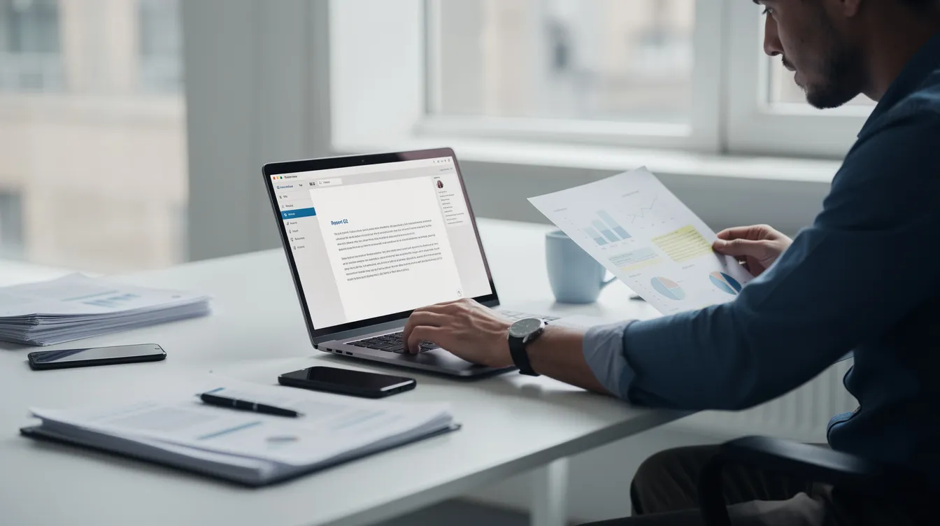 A person is sitting at a desk, reviewing documents on a laptop computer, possibly related to their academic journey, such as diploma templates or transcripts. The scene suggests a focus on ensuring authenticity and attention to detail in the creation of diplomas or replacement documents.