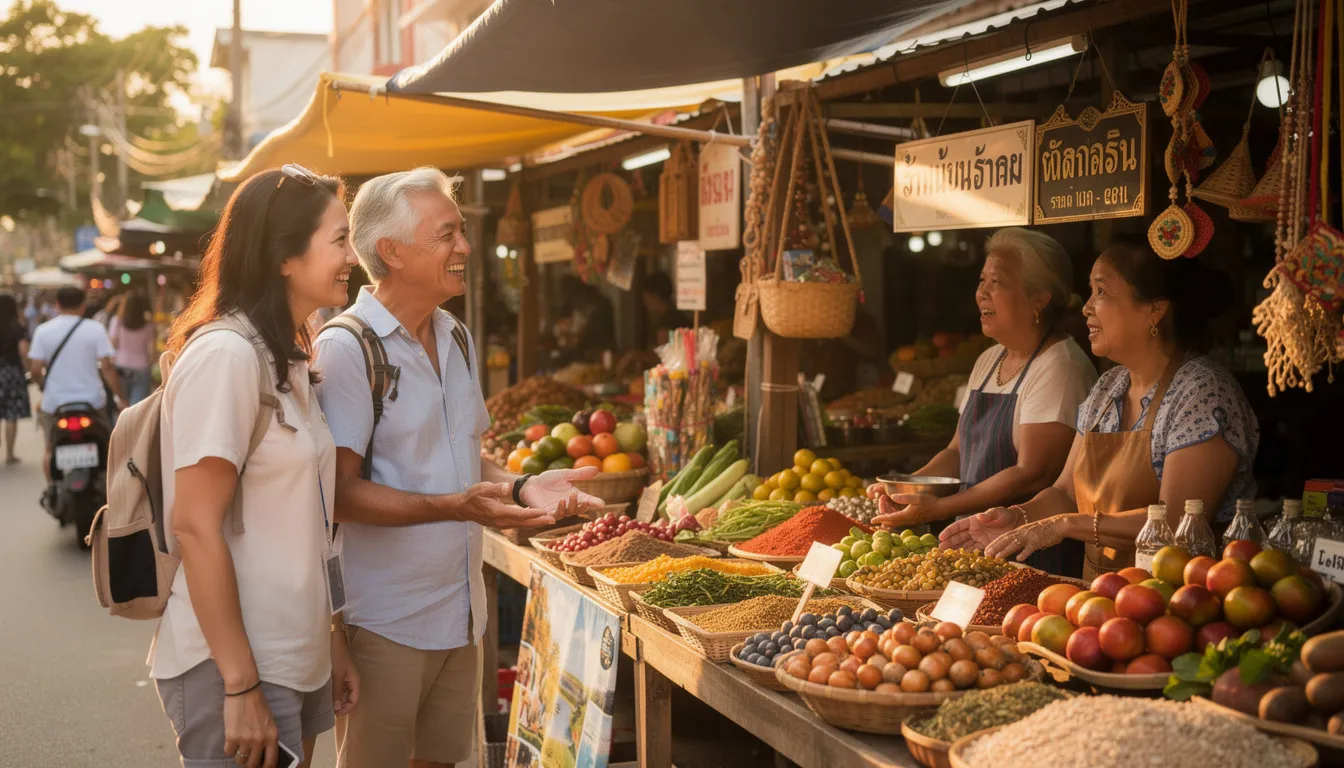 A group of foreign tourists engages in a friendly conversation with Thai locals at a vibrant traditional market, sharing smiles and laughter while discussing Thai culture and slang words. The atmosphere is lively, filled with the sounds of bargaining and the aroma of delicious street food.