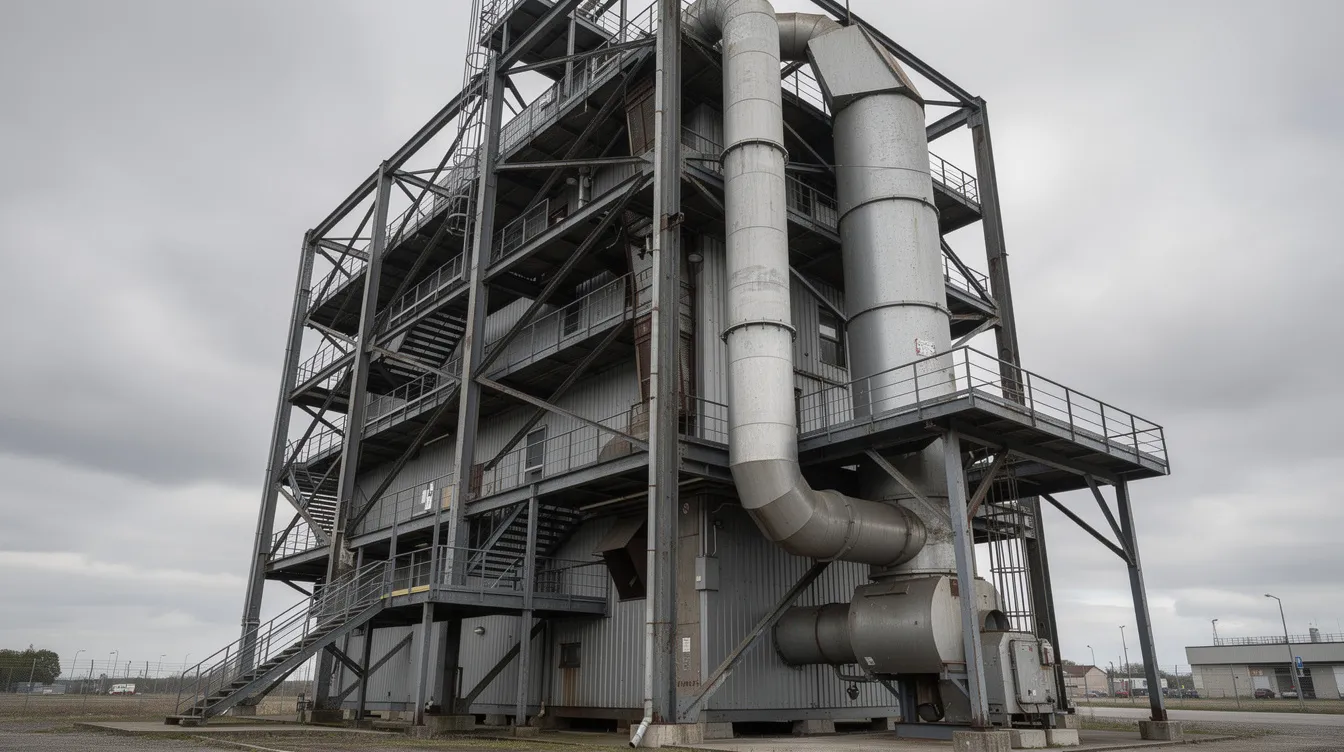 The image depicts a tall industrial building characterized by a robust steel framework, multiple levels, and visible industrial exhaust ducts, indicative of a milk powder manufacturing plant. This facility is likely involved in the dairy processing industry, contributing to the global milk powder market.