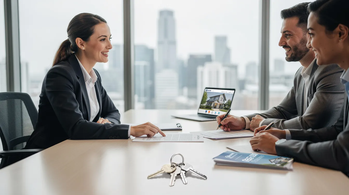 The image depicts a busy real estate office where real estate agents are engaged in discussions and utilizing real estate CRM software on their computers. They are focused on managing client data, tracking leads, and enhancing their sales process through effective lead management and marketing automation tools.