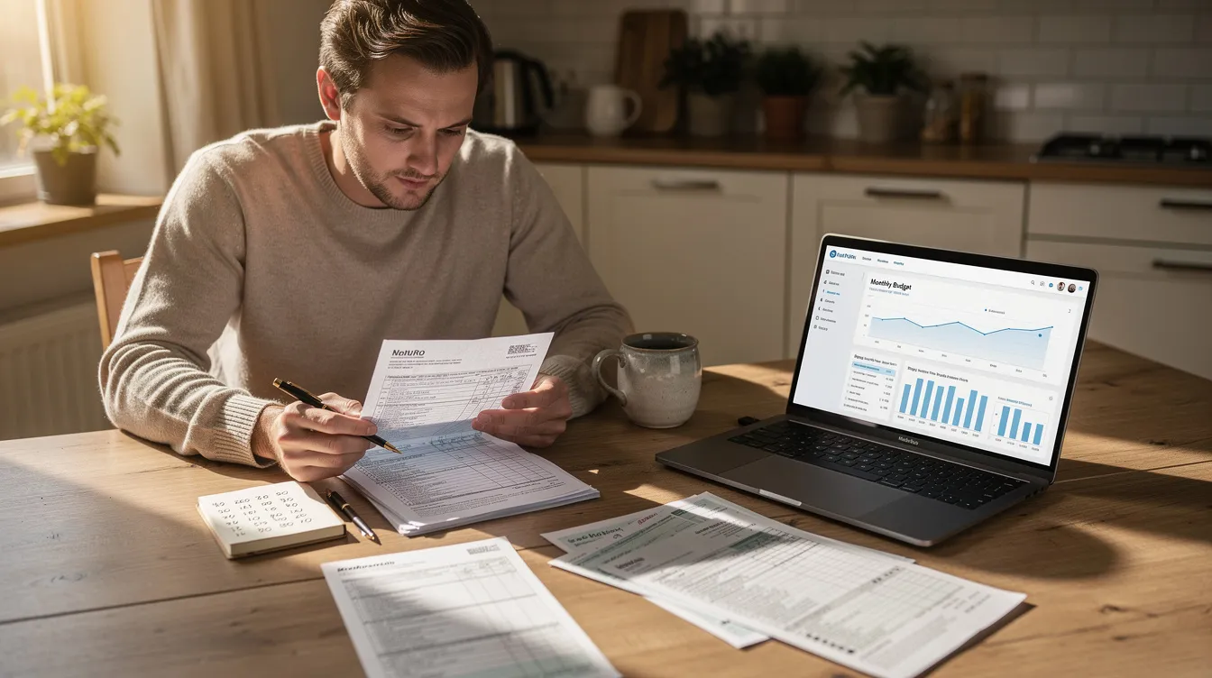 A person is seated at a kitchen table, intently reviewing financial documents alongside a laptop, likely assessing their bankruptcy petition and repayment plan for managing unsecured debts such as credit card balances and medical bills. The scene suggests a focus on achieving financial stability through careful planning and organization in the bankruptcy process.