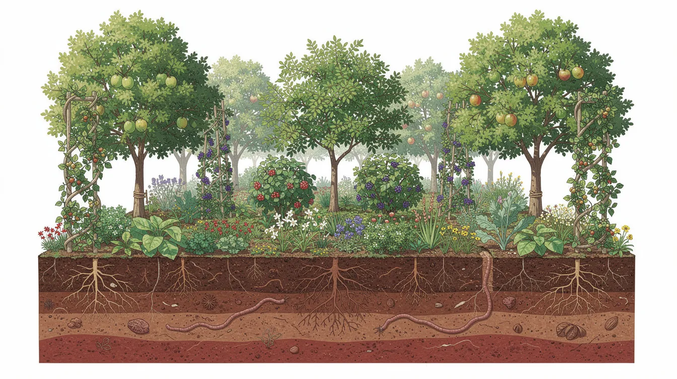 The image depicts a cross-section of a layered food forest, showcasing a diverse range of plant species including tall trees, mid-level shrubs, ground cover plants, and climbing vines, all contributing to biodiversity and ecosystem services essential for human health and food security. This vibrant ecosystem illustrates the importance of maintaining biodiversity to support life and enhance the well-being of local communities. The image depicts a cross-section of a layered food forest, showcasing a diverse range of plant species including tall trees, mid-level shrubs, ground cover plants, and climbing vines, all contributing to biodiversity and ecosystem services essential for human health and food security. This vibrant ecosystem illustrates the importance of maintaining biodiversity to support life and enhance the well-being of local communities.