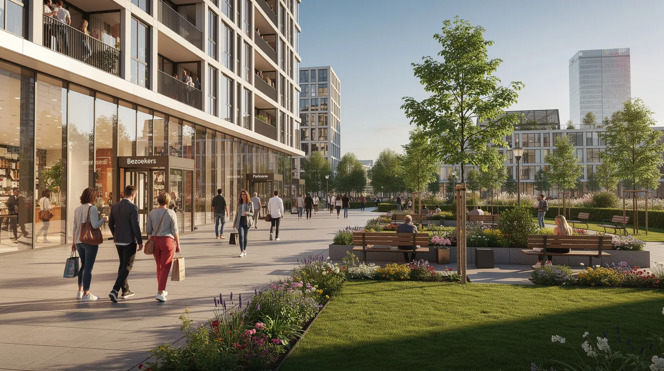 Bezoekers wandelen ontspannen langs moderne gebouwen en groene voorzieningen, waar ze genieten van hun vrije tijd en de sfeer van de omgeving. De combinatie van architectuur en natuur biedt een aangename setting voor persoonlijke groei en recreatie.