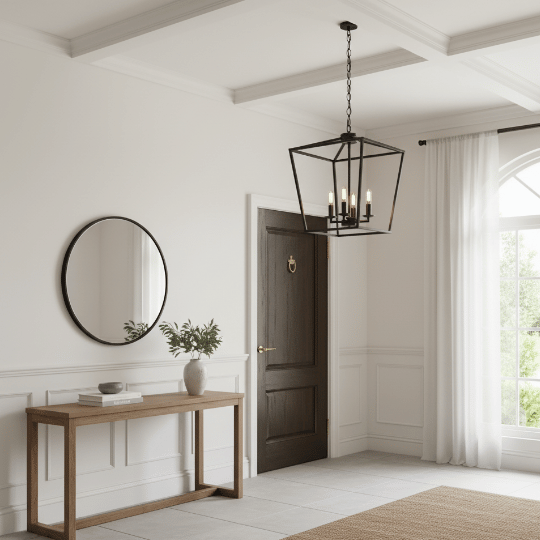 Vintage lantern-style chandelier with black metal frame and candle bulbs, classic vintage lighting idea for an entryway.