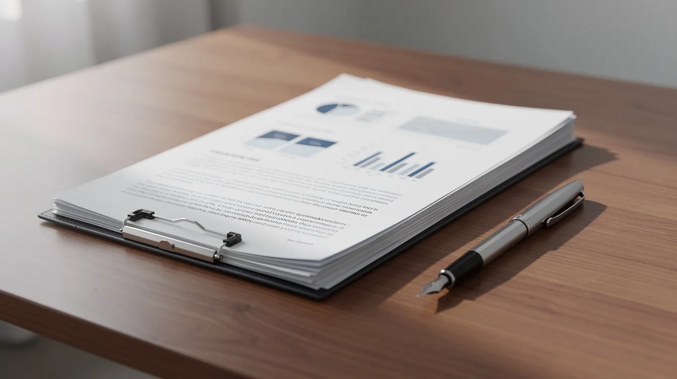 The image depicts a neatly arranged file of business documents on a wooden desk, accompanied by a pen, suggesting preparation for a loan application at a bank or financial institution. This setup may indicate the submission of a mudra loan application or a business plan for small and micro businesses.