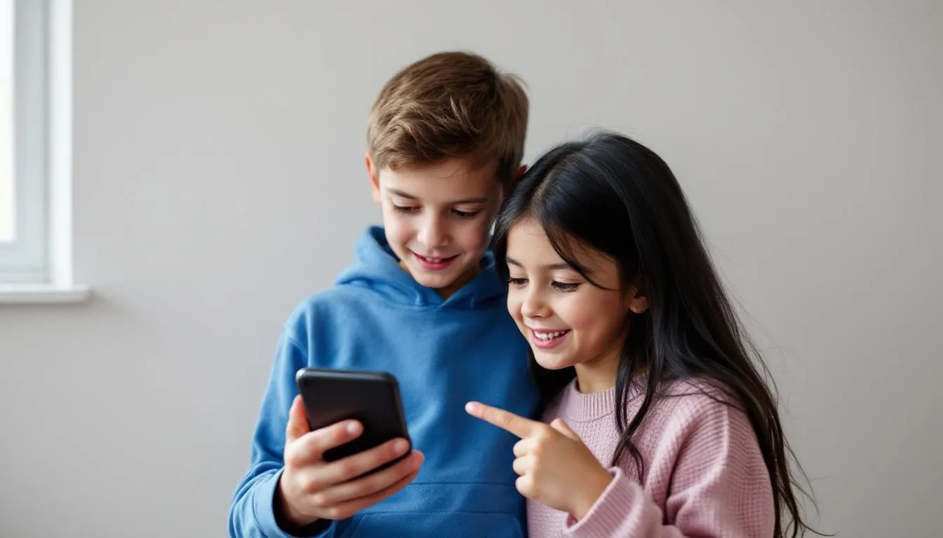 . In the image, a group of children is gathered around a smartphone, intently looking at the screen, which suggests they are engaged with social media or digital content. This scene highlights the growing presence of digitale medien in the lives of kinder and jugendliche, reflecting their media usage and screen time habits. .
