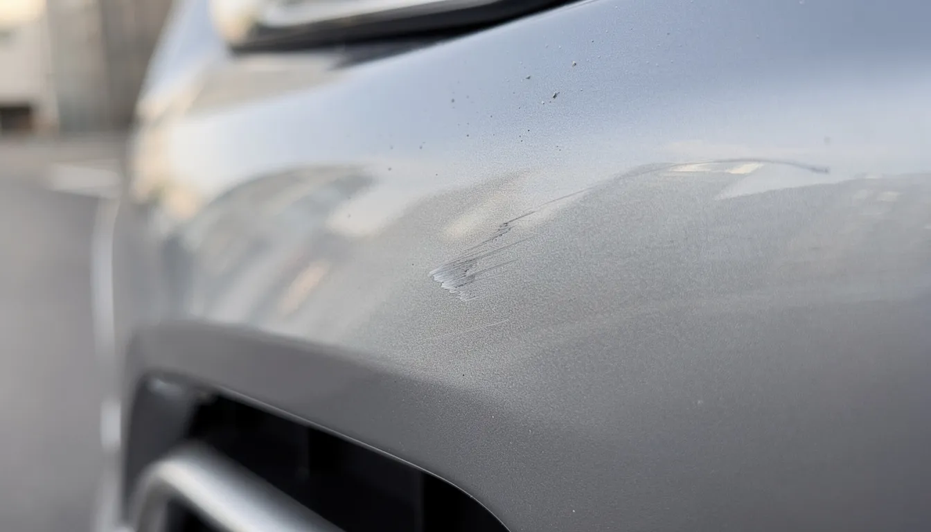 Gros plan sur un pare-chocs de voiture de location présentant une légère rayure, illustrant les dommages potentiels que peut subir un véhicule. Cette égratignure pourrait entraîner des frais de réparation lors de la restitution du véhicule à l'agence.