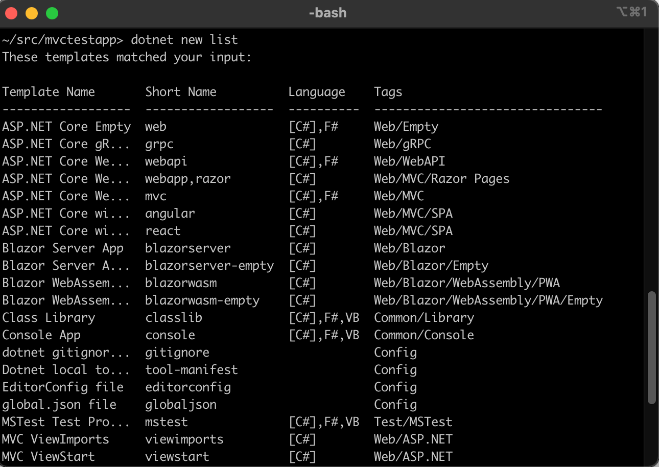 dotnet new list command output example