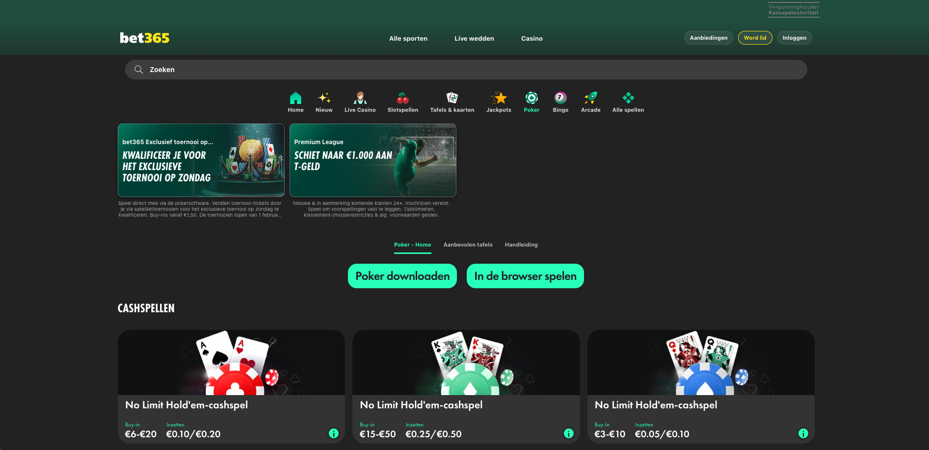 Bet365 online poker platform waar spelers No Limit Hold’em cash games kunnen spelen, strategieën toepassen zoals positie aan tafel gebruiken en tegenstanders observeren, vergelijkbaar met populaire poker sites zoals GGPoker Nederland.