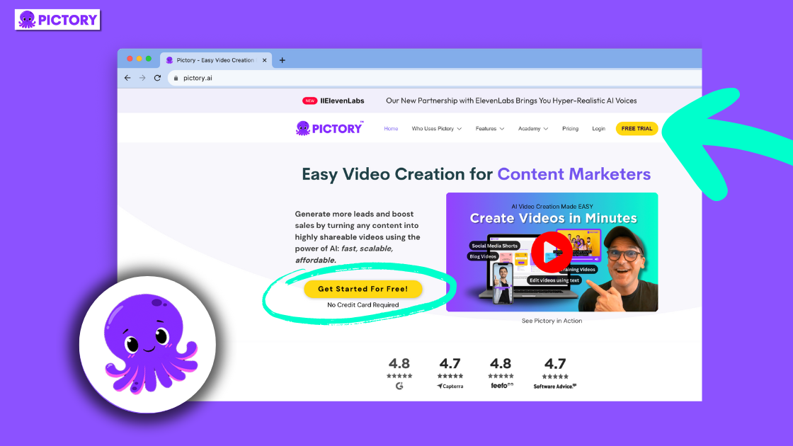Pictory is the best AI video generator for content marketers, home page, pictory website 
