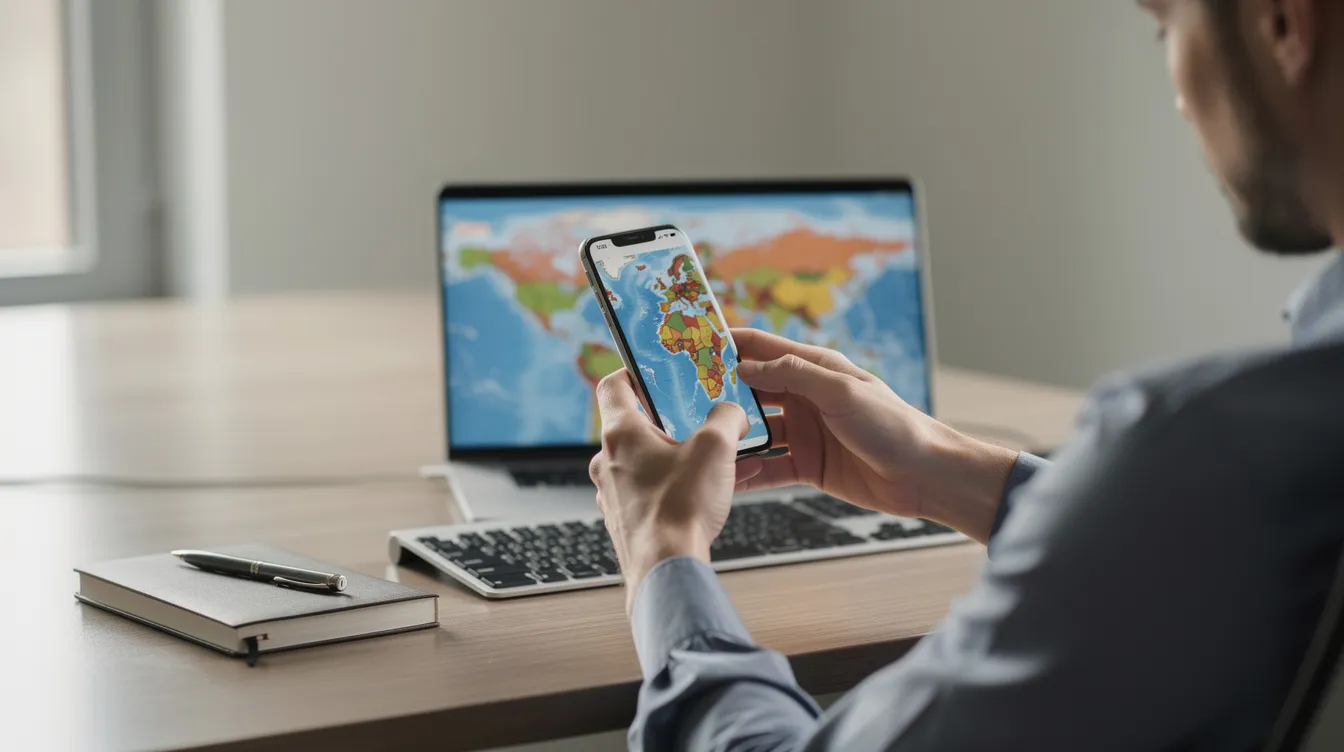 A person is sitting at a desk, holding a smartphone while a world map is displayed on the laptop screen in the background, suggesting the theme of making international calls, such as cheap calls to Nigeria from the UK. The scene conveys a sense of connection and communication across distances.