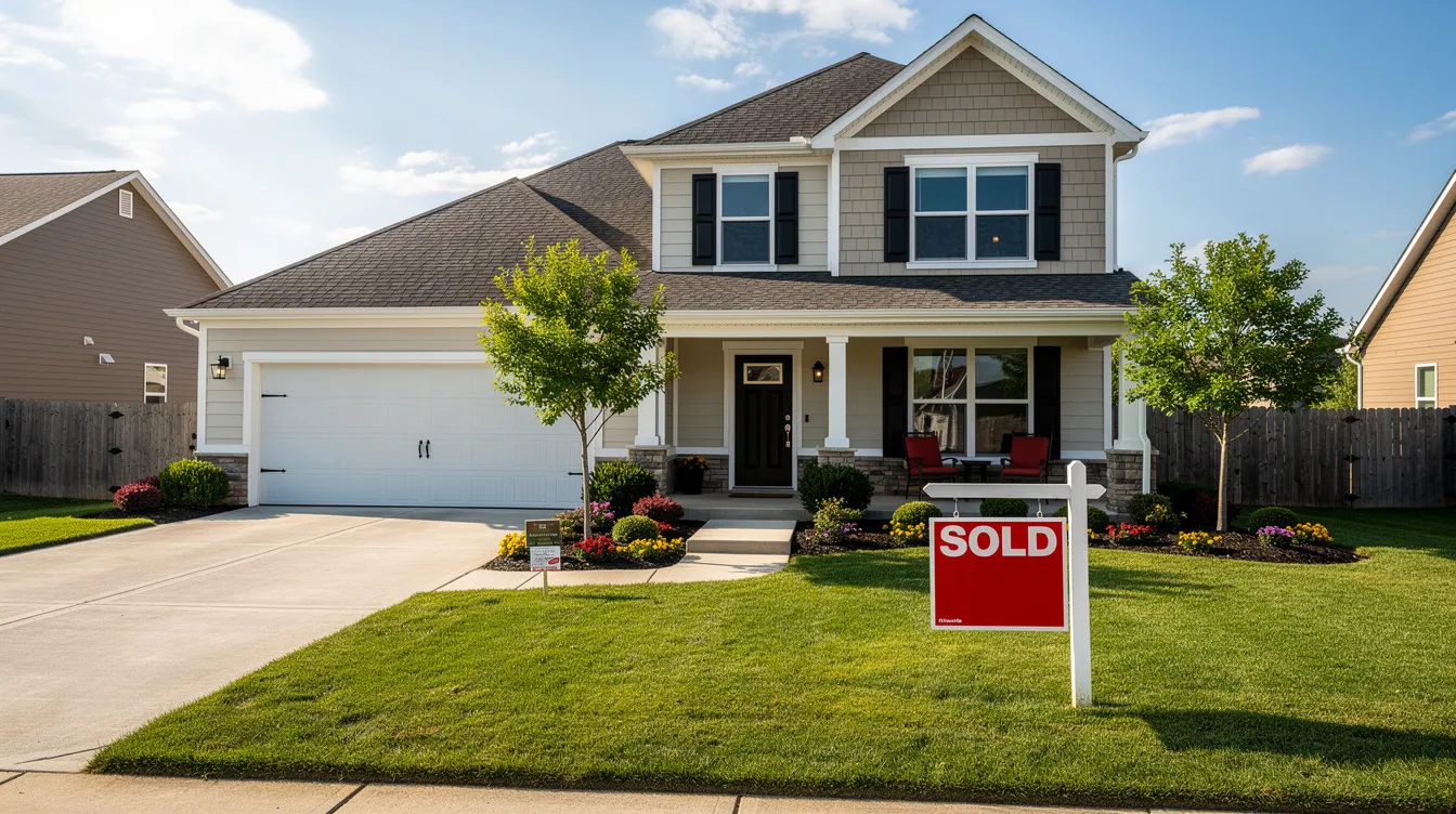 The image shows a suburban house with a Sold sign prominently displayed on the front lawn, surrounded by well-maintained landscaping. This scene reflects the success of home sales in the current market, highlighting the importance of property investment and the potential profits from flipping houses.