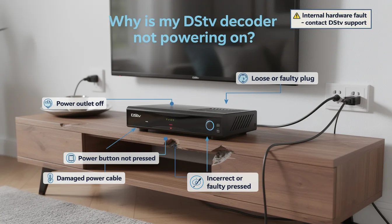 The image depicts a troubleshooting guide for a DStv decoder that is not powering on, highlighting common issues such as checking the power cable, ensuring the decoder is securely plugged into the power source, and confirming that the power button is functioning. It also suggests steps to resolve signal problems and restore normal functionality for watching TV.
