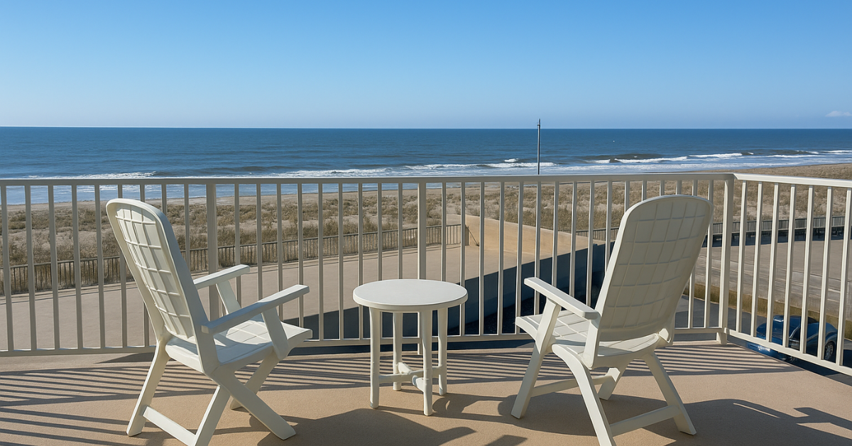 Oceanfront balcony view from Gardens Plaza showing chairs overlooking the beach and Atlantic Ocean.