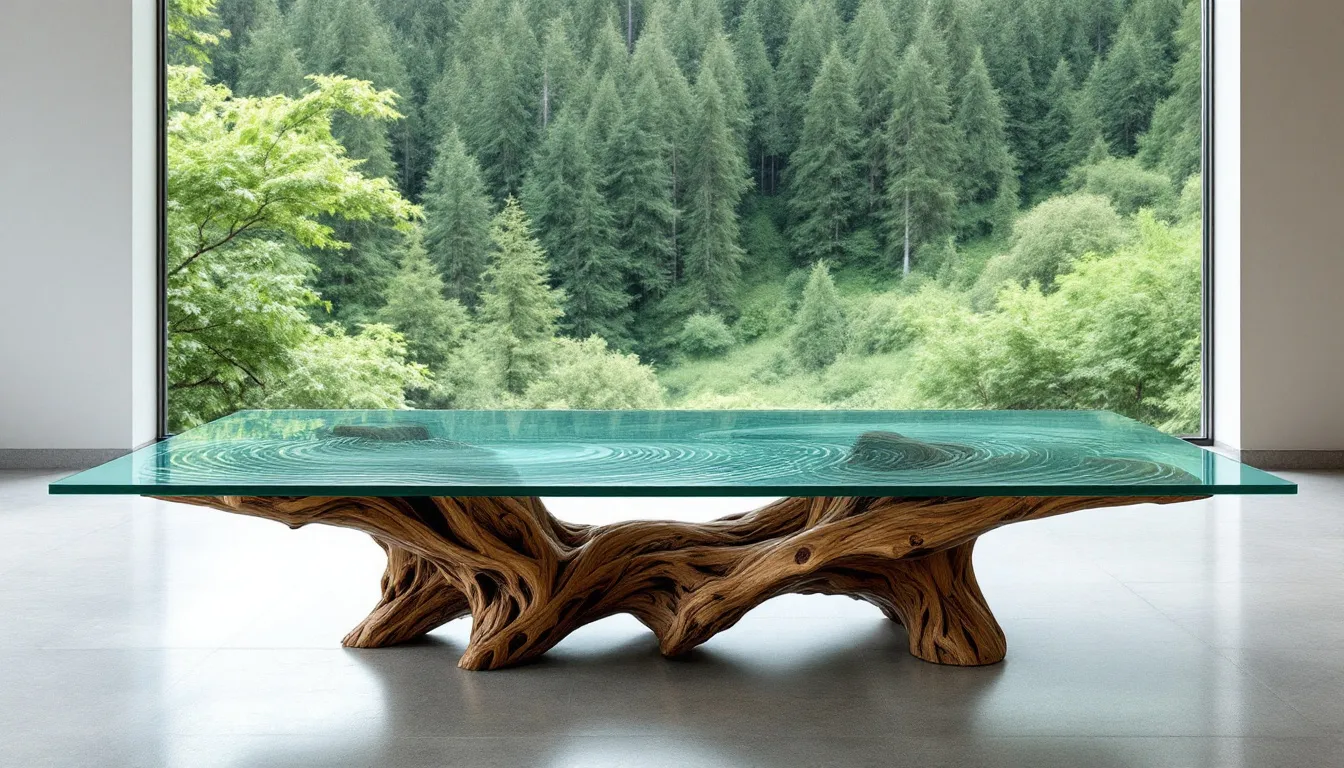 Coffee tables inspired by nature in a cozy living room setting.