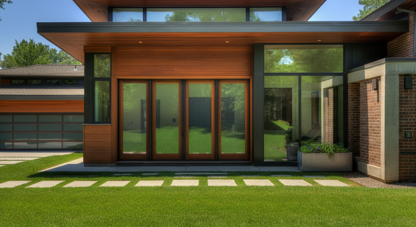 Photograph of a sophisticated modern house facade featuring warm wood paneling, expansive glass, and a meticulously manicured green lawn, conveying luxury and contemporary living.