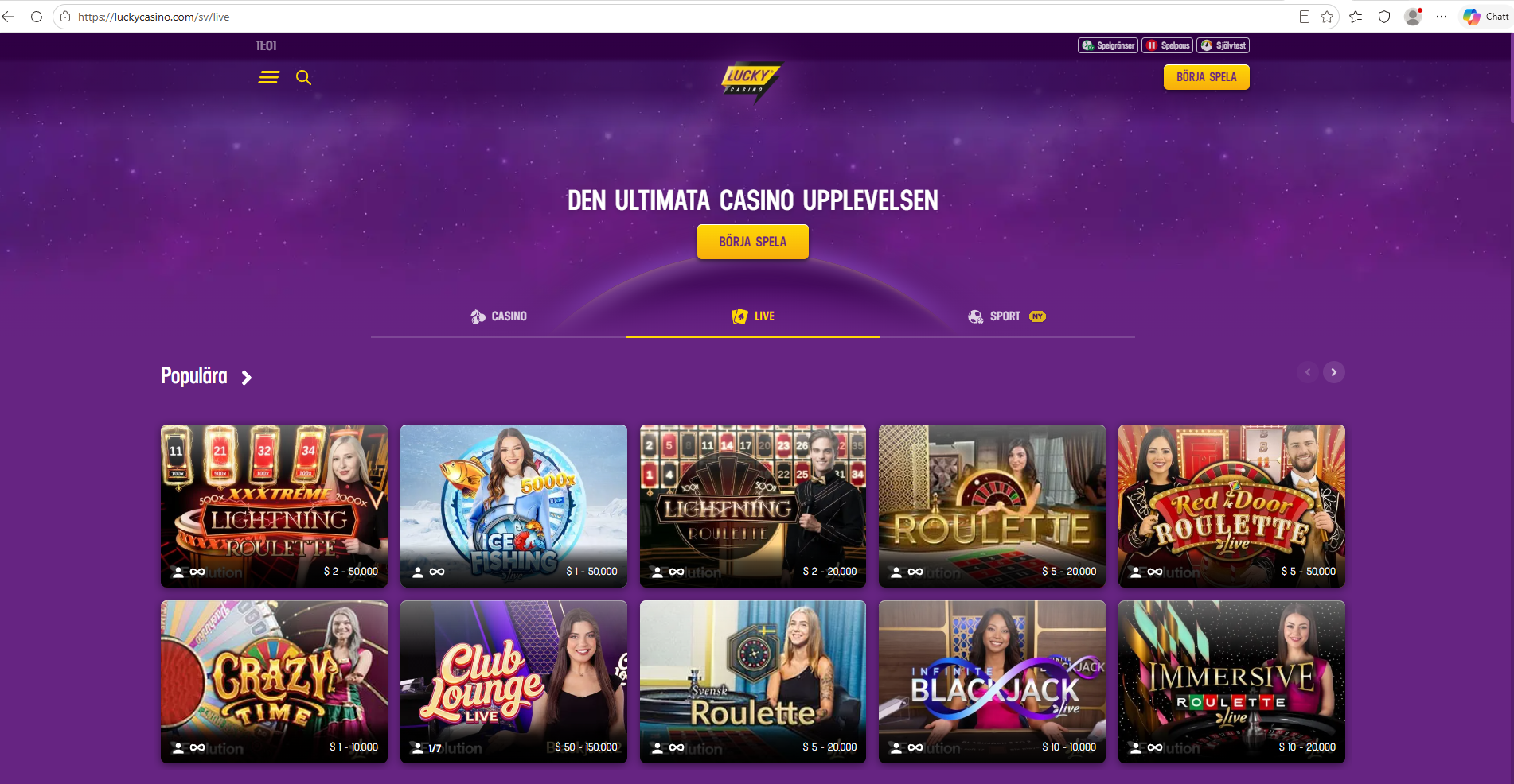 Lucky Casinos startsida för livecasinon med olika livebord och casinospel.