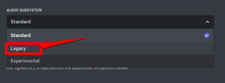 Picture showing how to set the legacy audio subsystem on Discord