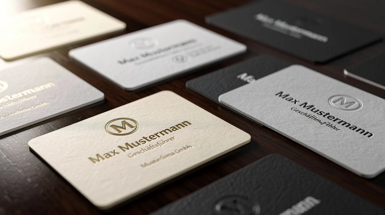 Die Nahaufnahme zeigt elegante Visitenkarten auf einer polierten Holzoberfläche, die durch unterschiedliche Papierfarben und Prägungen bestechen. Diese Details vermitteln ein Gefühl von Luxus und Exklusivität, passend zur Atmosphäre des amerikanischen Yuppie-Lebens in New York City, wie sie in Bret Easton Ellis' Roman und der Verfilmung "American Psycho" dargestellt wird.