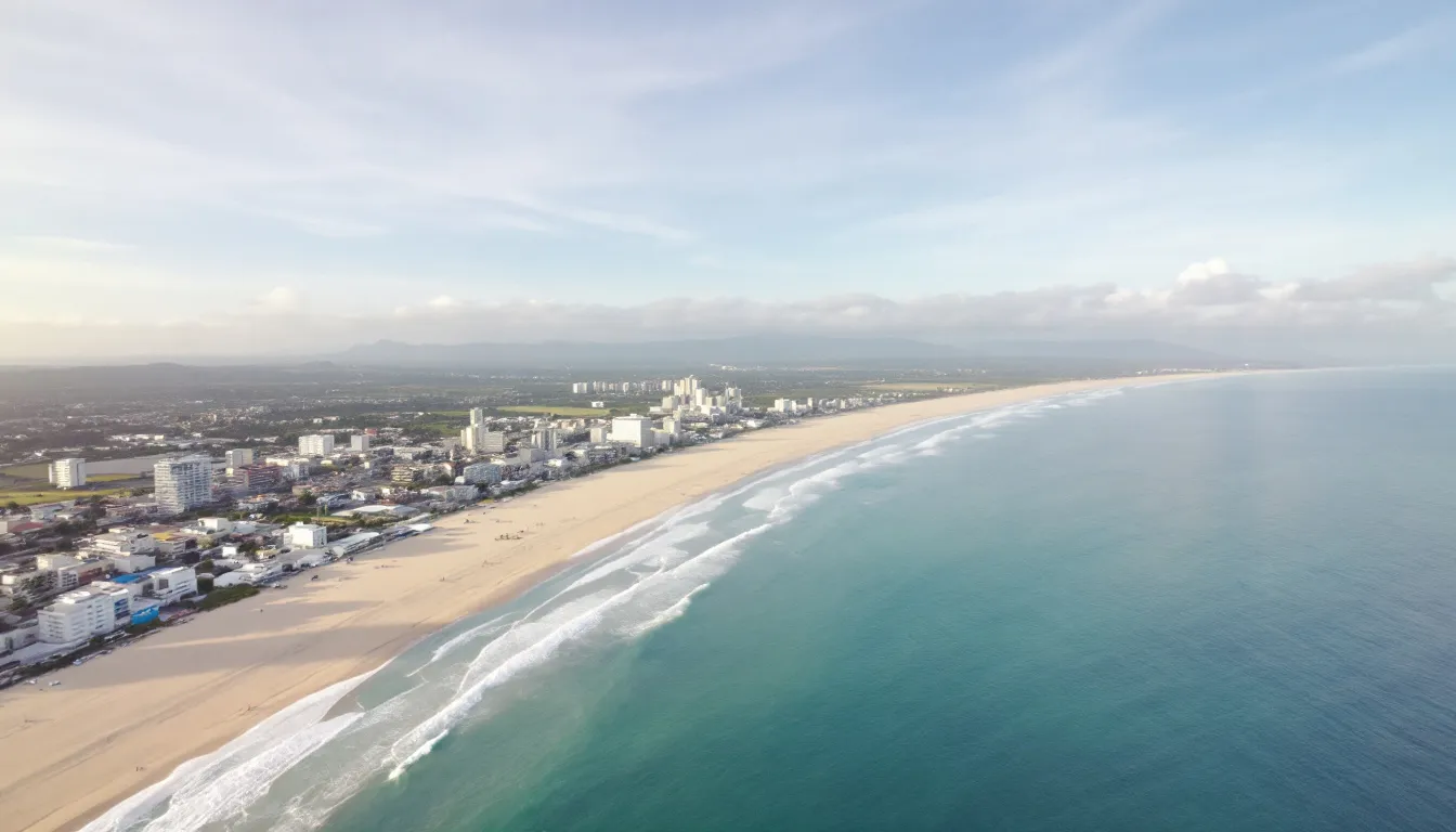 Uma vista aérea panorâmica da costa de Itapema, destacando suas belas praias e o desenvolvimento urbano da região, com áreas de lazer e infraestrutura visíveis, além de imóveis e terrenos à venda. A imagem captura a essência do turismo catarinense, mostrando a conexão entre o mar e a vida urbana.