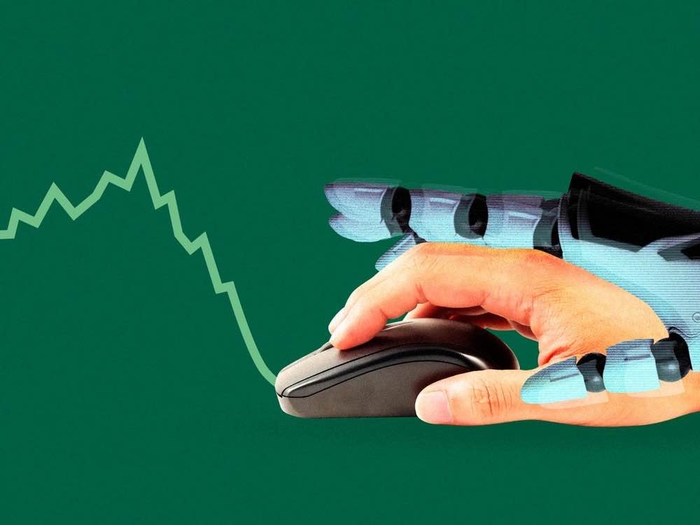 An image of an artificial intelligence hand on mouse with graph. 