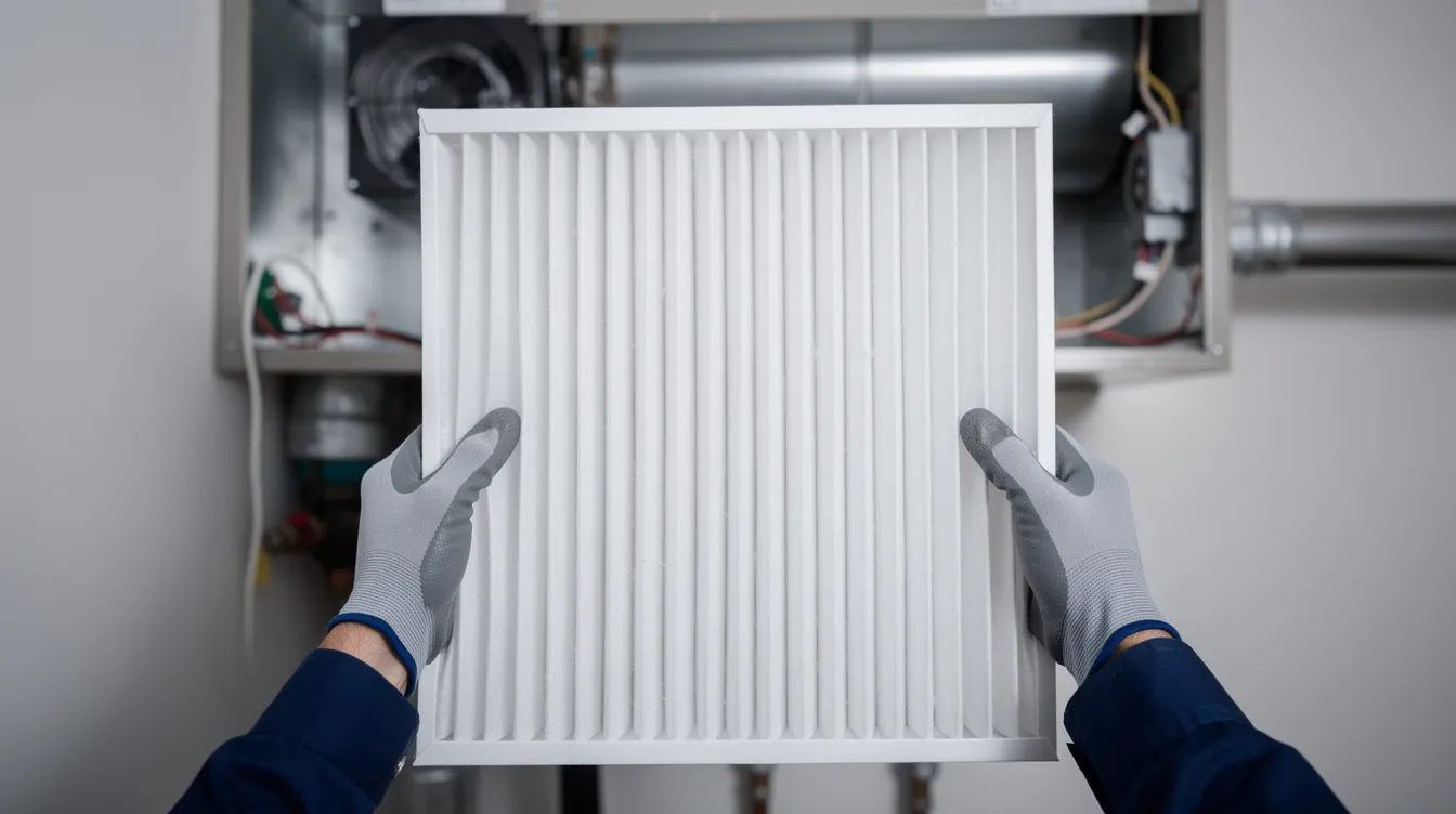 A technician is holding a clean residential HVAC air filter in a close-up view, positioned near an indoor air handler. This image highlights the importance of regular maintenance for optimal air quality and cooling performance in air conditioning systems.