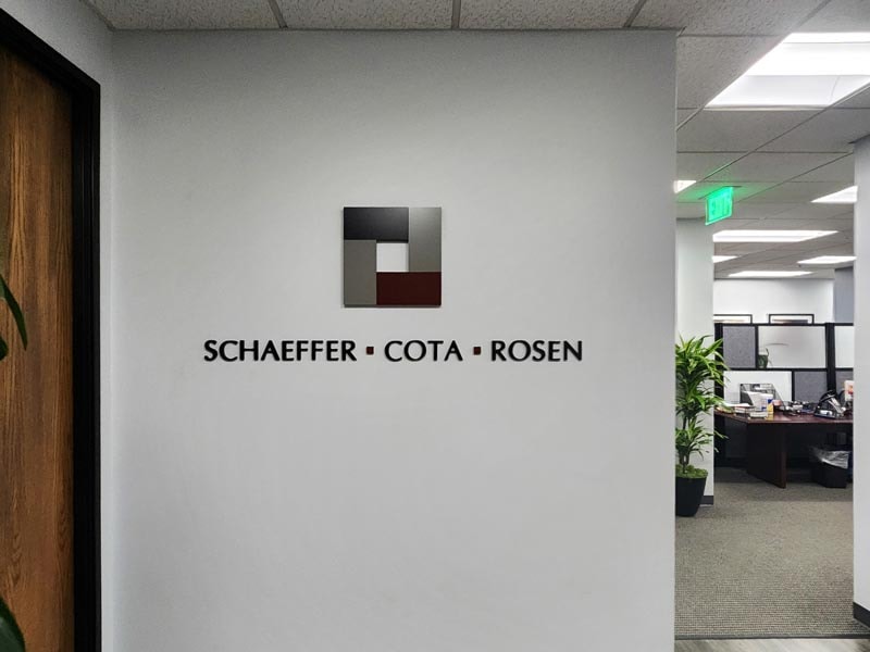 This sleek lobby sign for Schaefer, Cota & Rosen at Oxnard Tower adds a professional touch to their office entrance, reinforcing the firm’s polished, modern image.