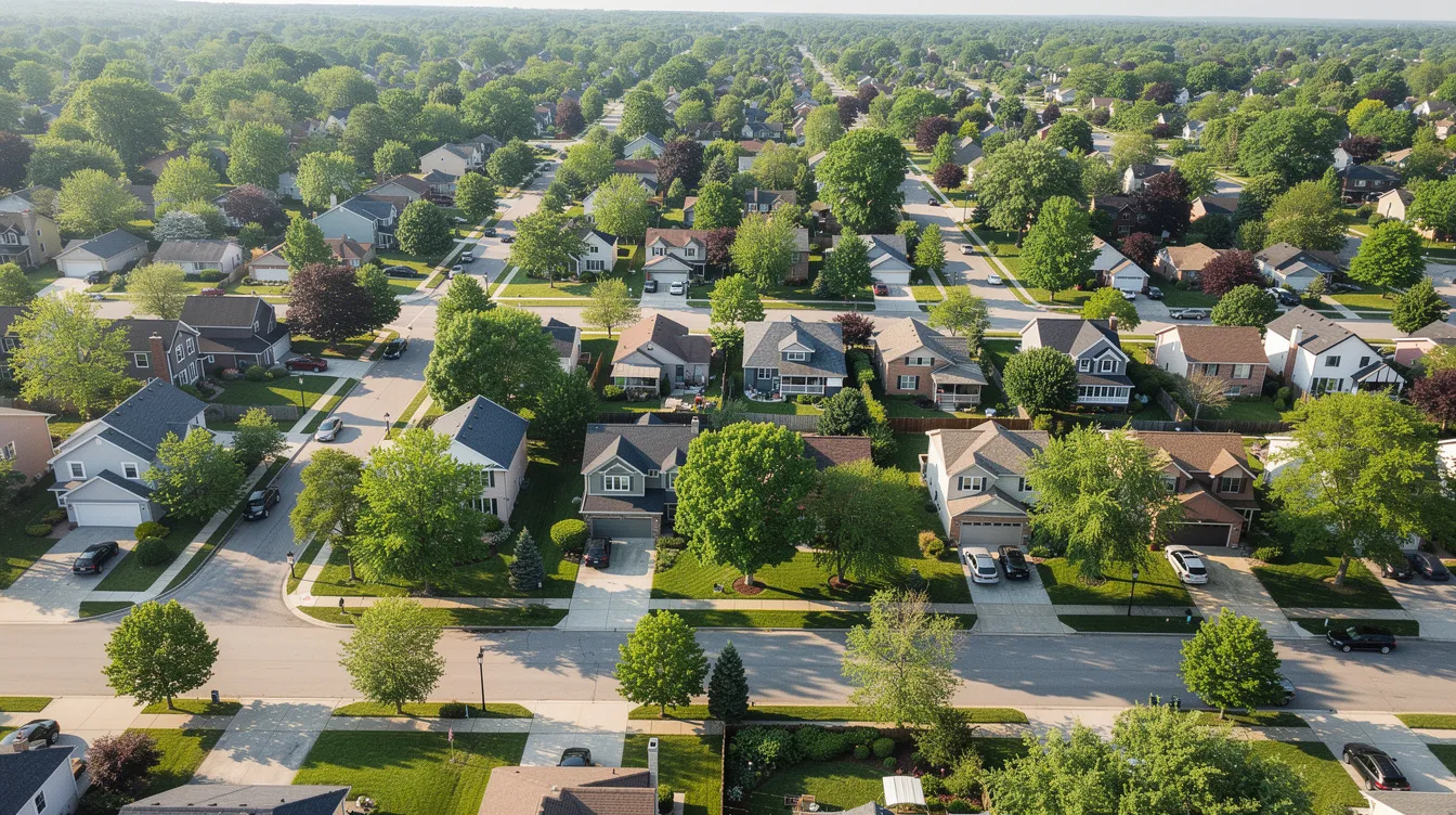 An aerial view captures a serene residential neighborhood filled with single-family homes nestled along tree-lined streets, showcasing the charm of suburban living. This peaceful setting may appeal to real estate investors looking to acquire investment property or those considering using a home equity line for a larger down payment on a new mortgage.