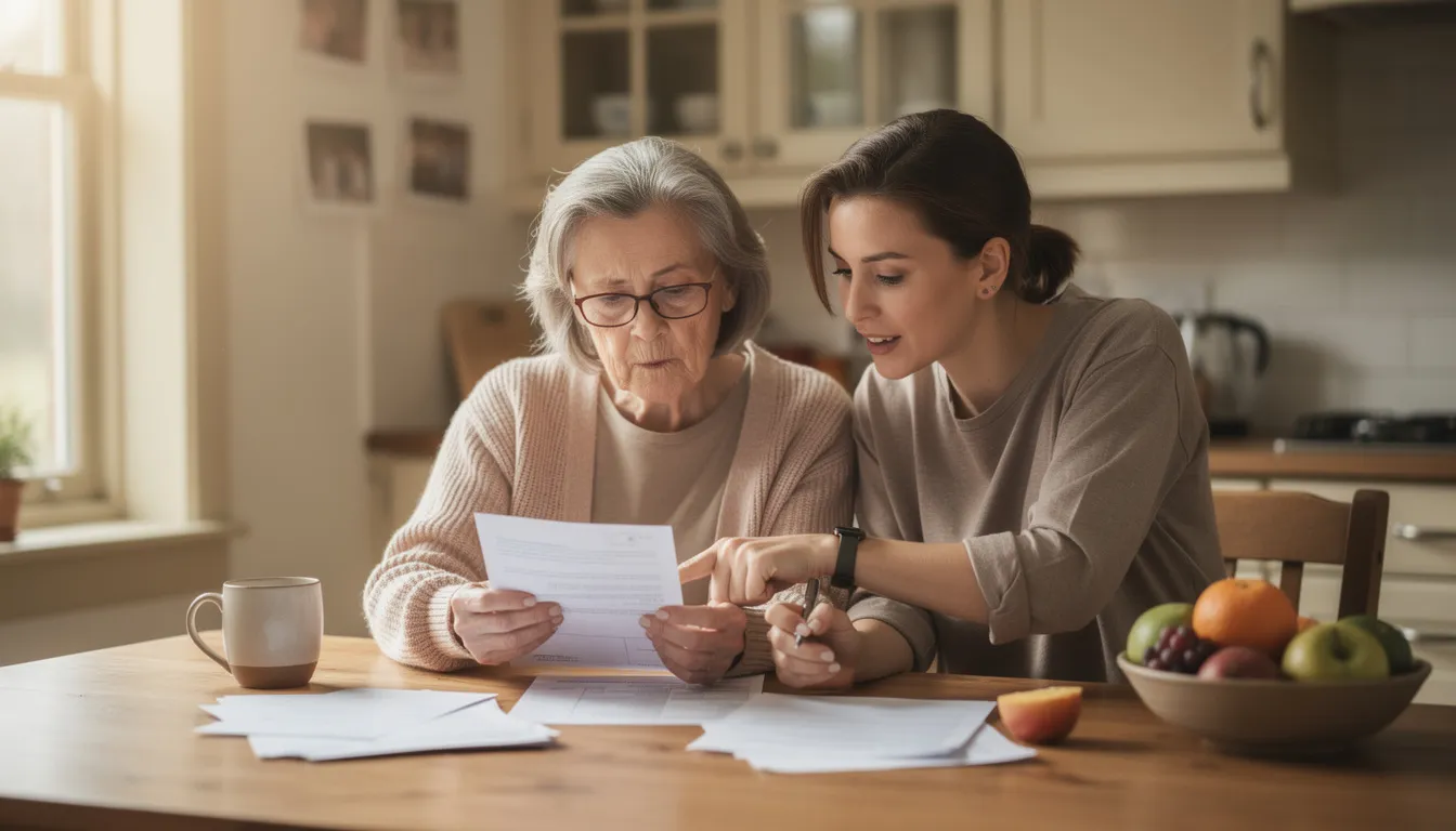 An elderly person is sitting at a kitchen table, reviewing important documents with an adult family member, possibly discussing issues related to identity theft or checking their credit report. The scene reflects a supportive family dynamic as they navigate financial recovery and the emotional impact of identity theft together.