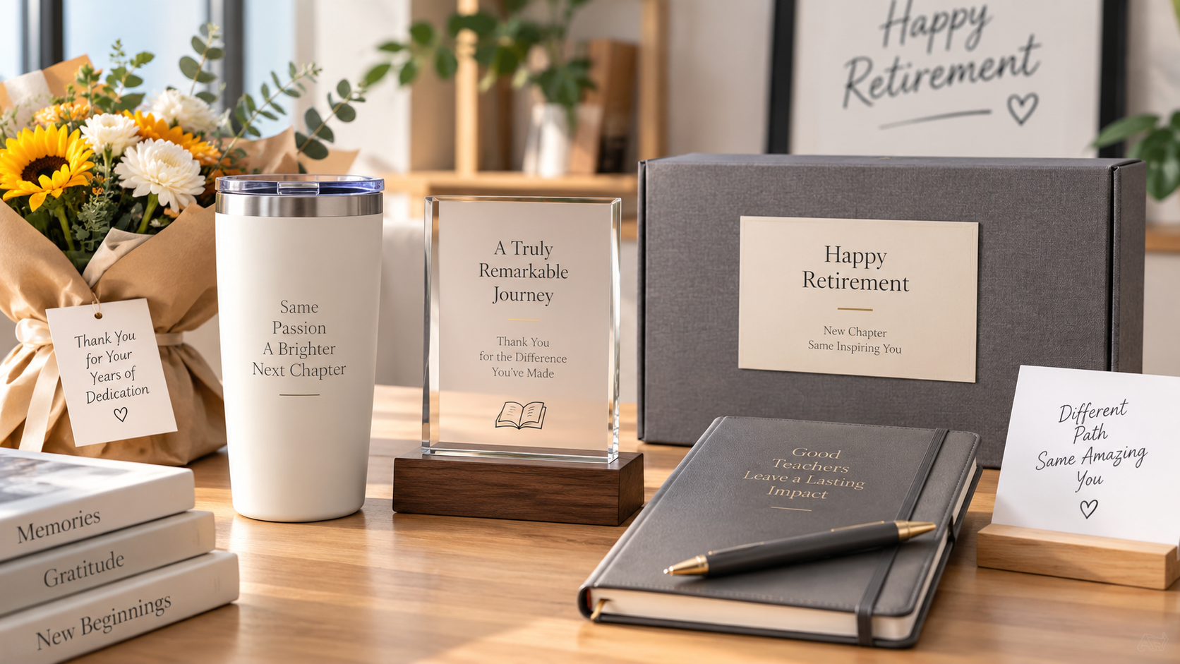 Teacher retirement gifts including a personalized award, tumbler, notebook, pen, keepsake box, flowers, and farewell cards.