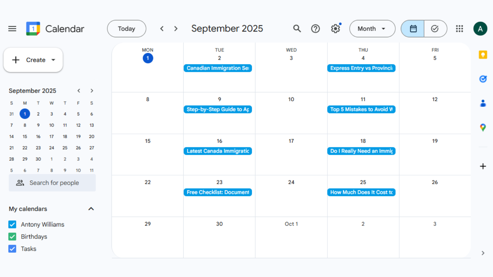 An example of simple content plan for Immigration Law Firm in Canada