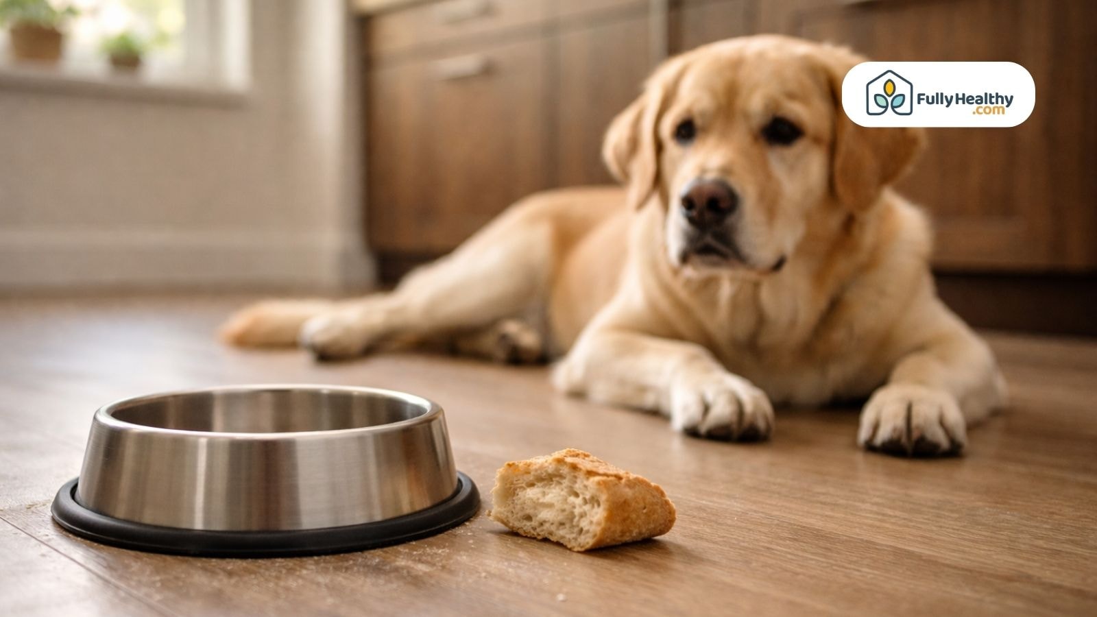 Dog lying near bowl and small sourdough bread piece