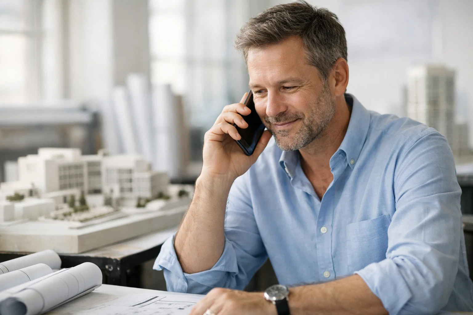 Architect receiving client enquiry call inside design studio