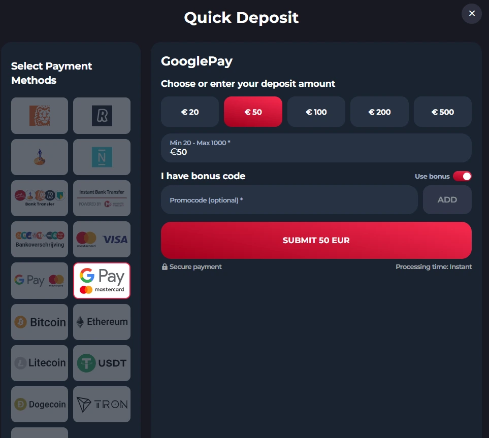 Winorio online casino deposit page