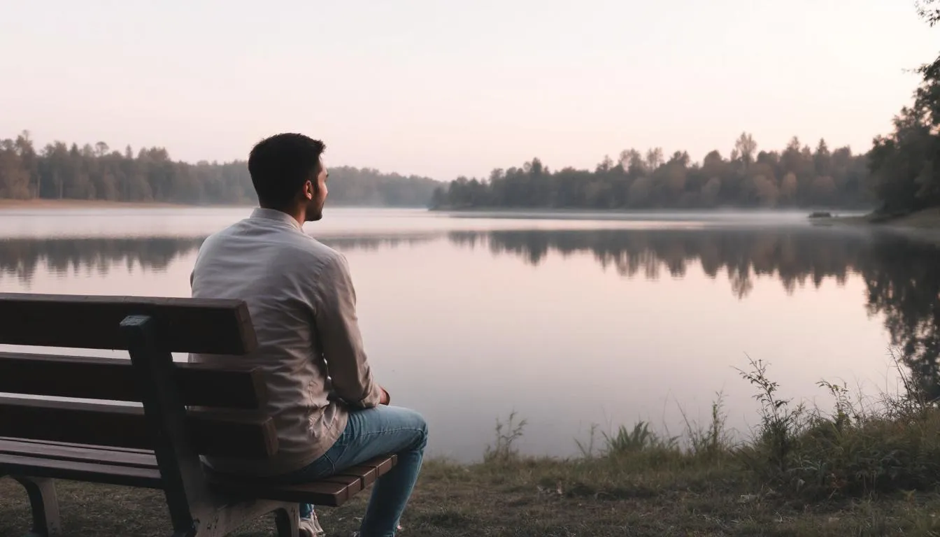 Eine Person sitzt friedlich am Ufer eines ruhigen Sees am Morgen, umgeben von der Schönheit der Natur, die ein Gefühl von Liebe und Frieden vermittelt, das an die Liebe Gottes erinnert. Die sanften Wellen des Wassers spiegeln das Licht der aufgehenden Sonne wider und schaffen eine Atmosphäre der Ruhe und des Glaubens.