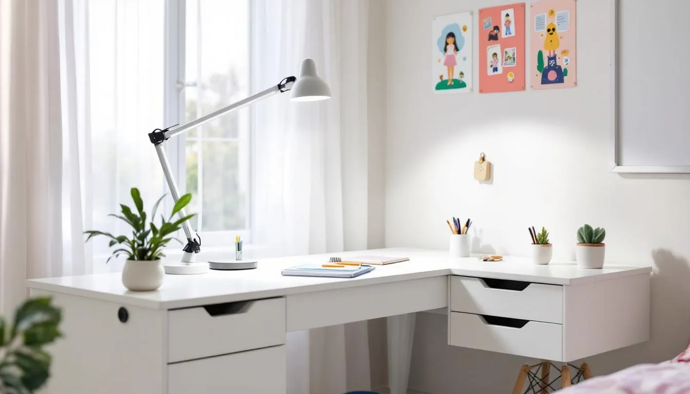 A modern kids desk setup is displayed in a bright bedroom, featuring a sturdy desk with ample storage, proper lighting, and organized supplies like pens and scissors, creating a fun and creative space for children to work diligently on their homework and drawings. The room is designed to inspire focus and creativity, making it a perfect area for kids to play and learn.