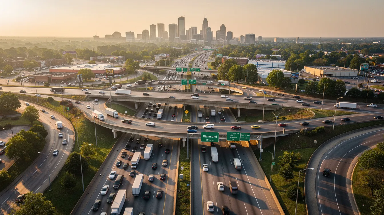 A busy highway interchange in Richmond, Virginia, is filled with multiple lanes of vehicles, showcasing the heavy traffic typical of urban areas. This scene highlights the potential for car accidents, emphasizing the need for experienced car accident attorneys to assist victims in navigating insurance claims and recovering compensation for injuries.