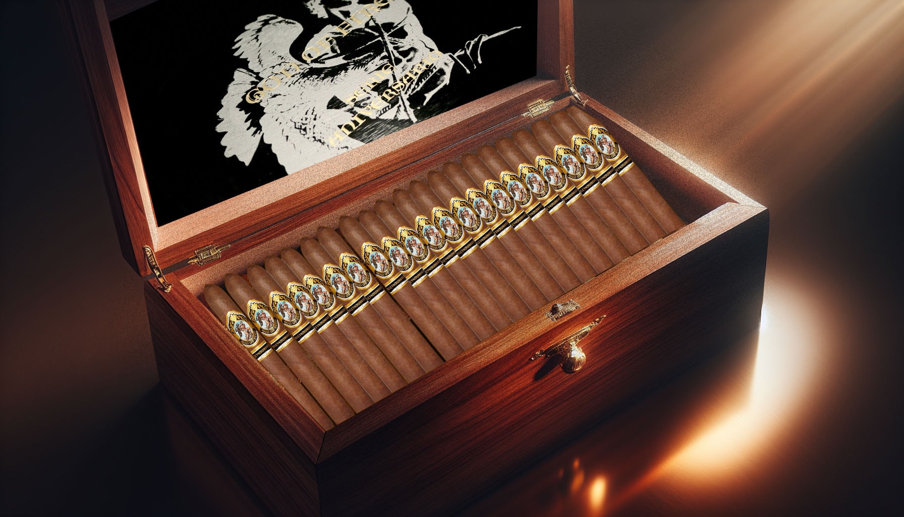 An artistic representation of God of Fire Serie Aniversario Cigars displayed in a luxurious setting.