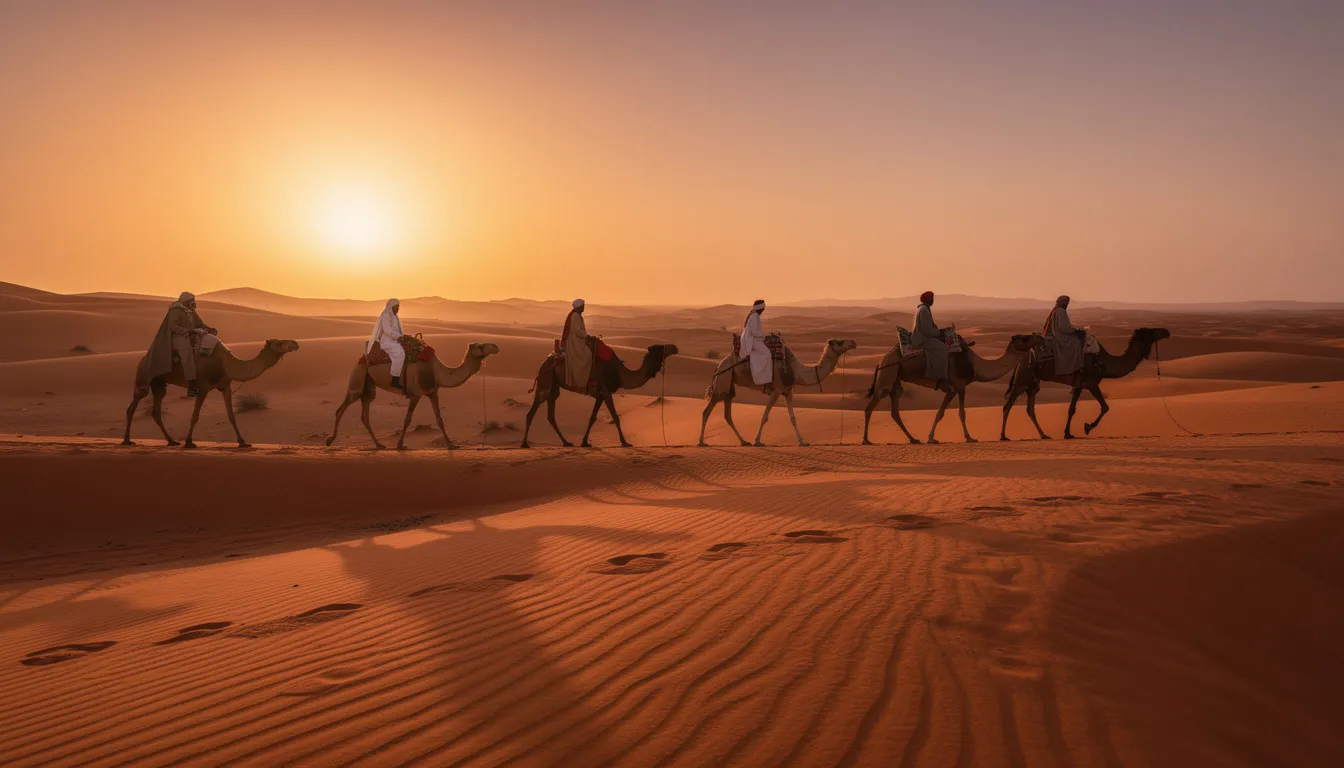 A camel caravan gracefully traverses the vibrant orange sand dunes of the Sahara Desert at sunset, creating a picturesque scene that captures the essence of Morocco's rich history and its status as an exotic destination for travellers. This stunning landscape is a perfect representation of the unforgettable experiences awaiting those who embark on Morocco tours and explore its diverse beauty.