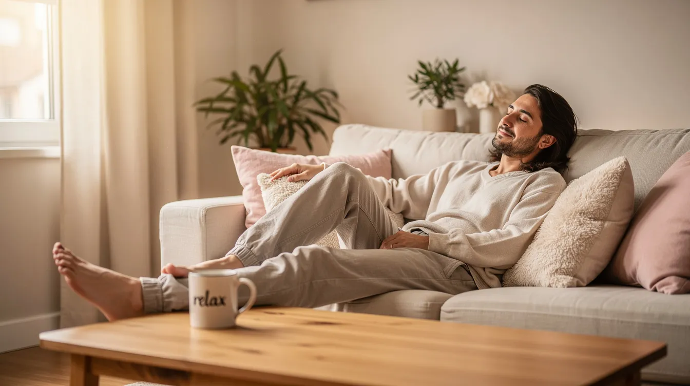 Una persona se encuentra descansando cómodamente en un ambiente hogareño, rodeada de cojines y mantas suaves, reflejando una sensación de relajación y bienestar. Este espacio acogedor sugiere un refugio ideal para aquellos que están en su viaje de pérdida de peso o considerando procedimientos de cirugía plástica, como la liposucción.