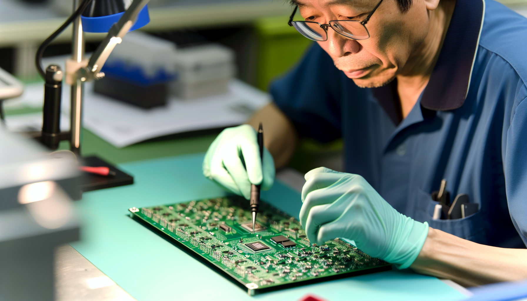 Close-up of a technician assembling medical PCB with surface mount components