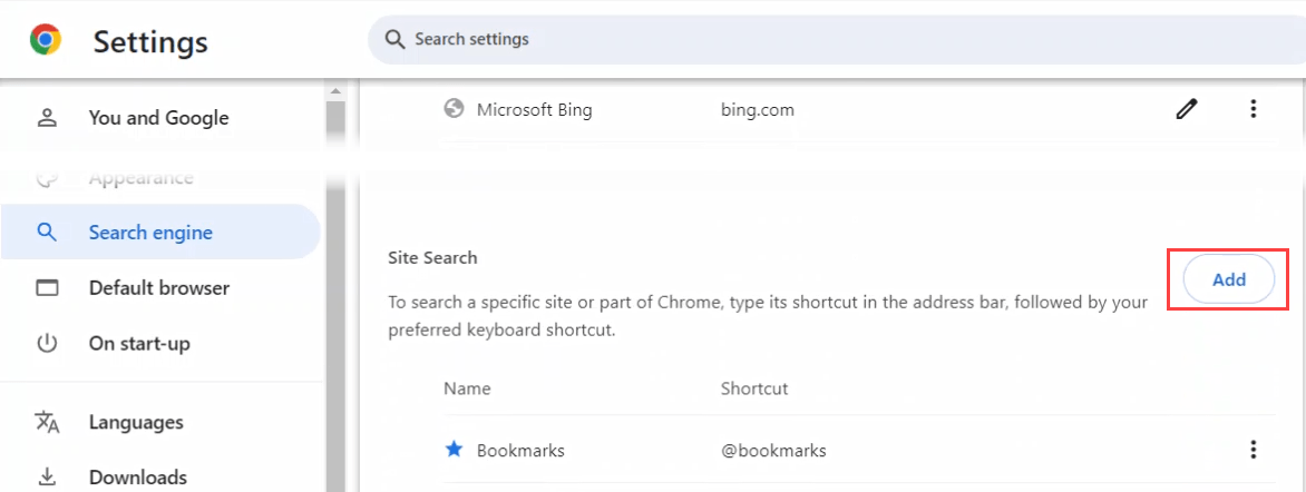 Screenshot of adding a new custom search engine in Google Chrome