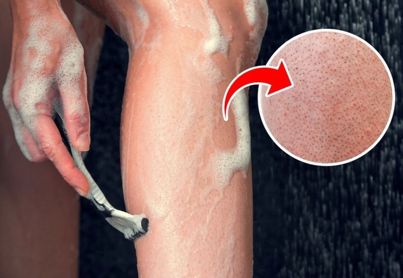Person shaving calves with an enhanced image of strawberry legs.