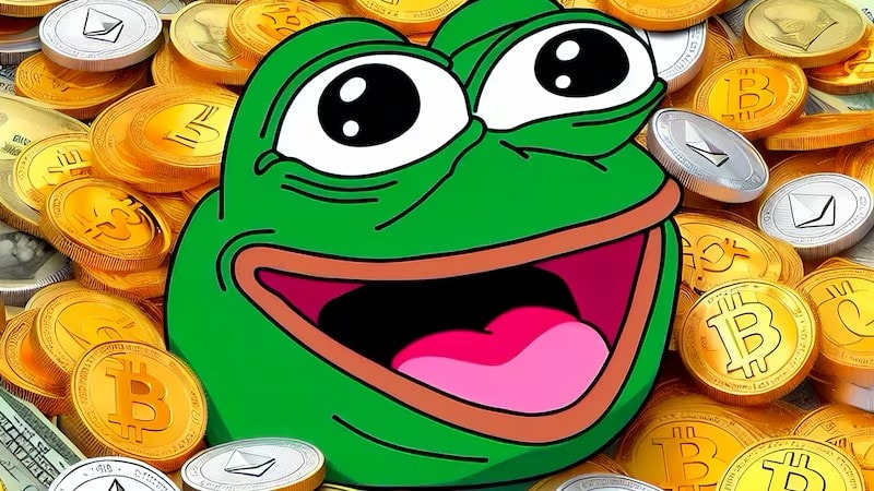 An illustration of a happy frog amongst crypto coins. 