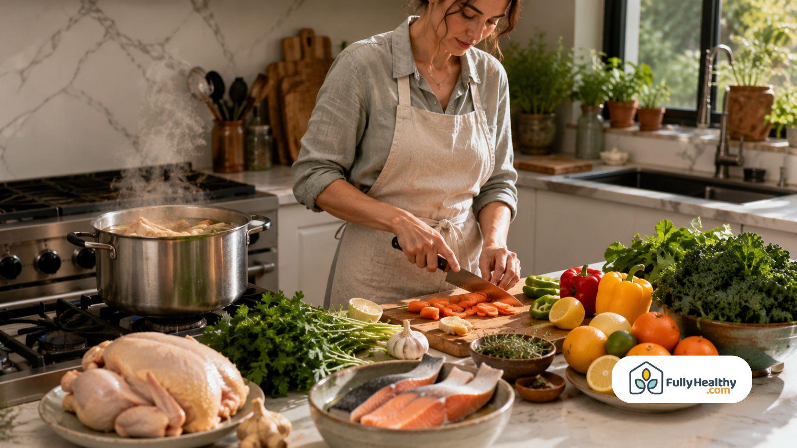 Home cook preparing collagen rich foods with fresh vegetables chicken and salmon