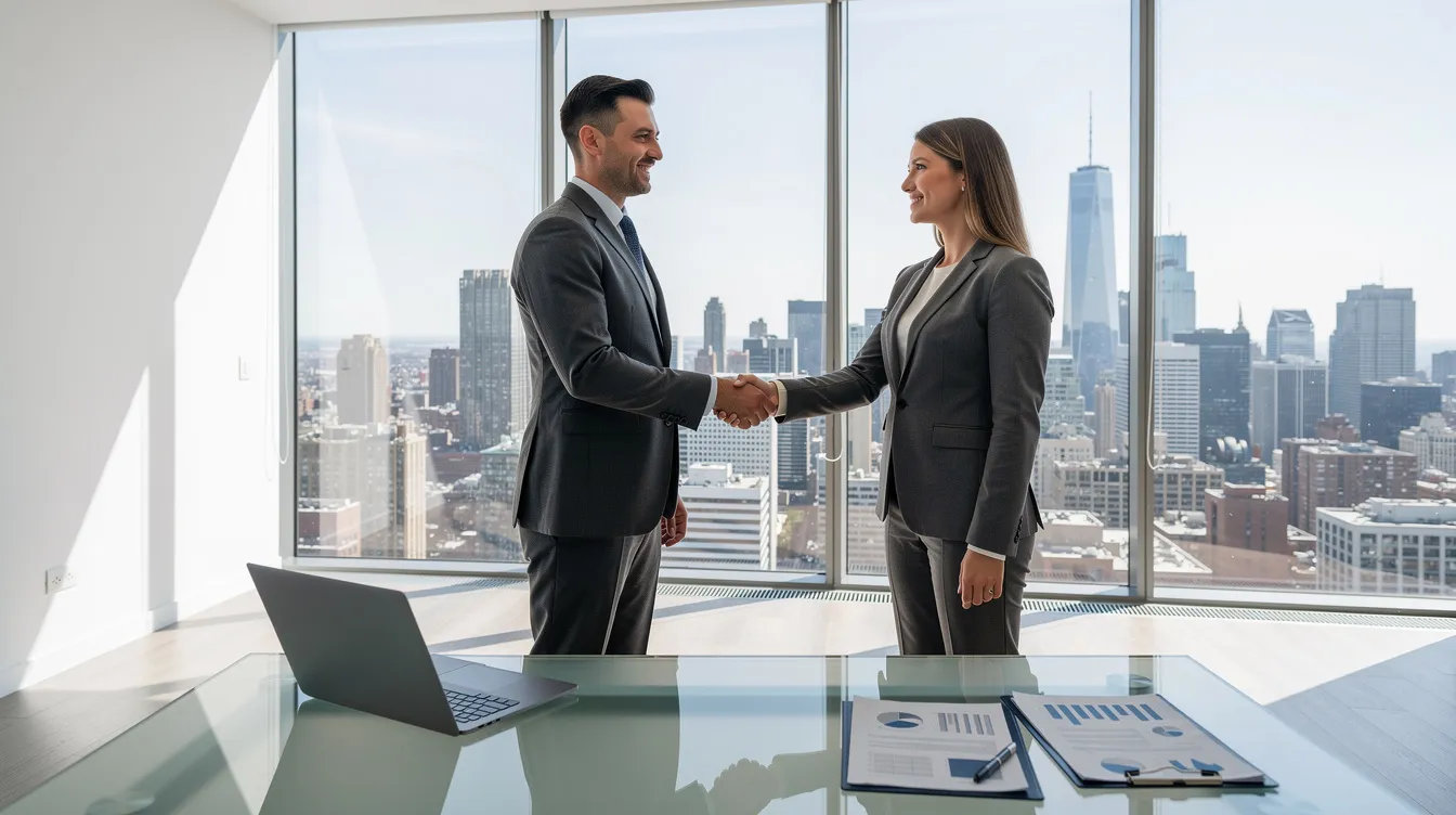 The image depicts two professionals shaking hands in a bright, modern office, with a stunning city skyline visible through floor-to-ceiling windows. This scene symbolizes successful business collaborations and effective digital marketing strategies that can enhance customer engagement and drive marketing objectives.